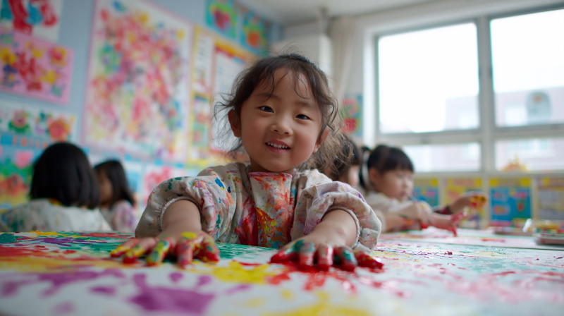 Children Engaged in Colorful Finger Painting