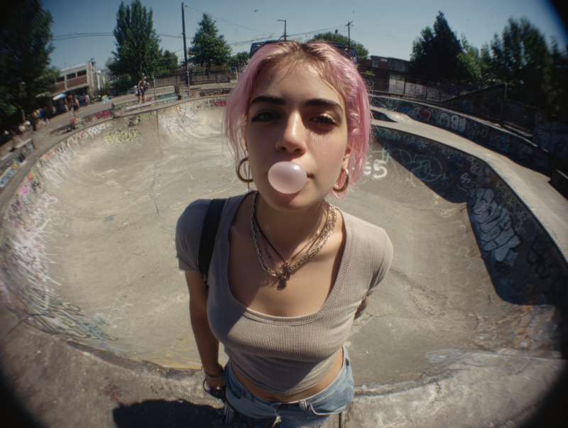 Youthful Skater Blowing Bubblegum at Skatepark