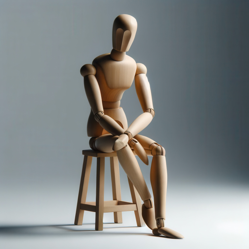Abstract Wooden Mannequin in Thoughtful Pose