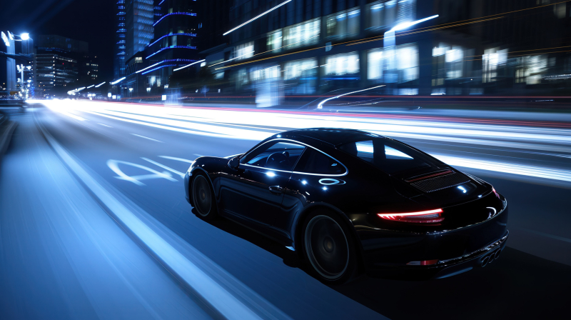 Sleek Sports Car Speeding Through City Night