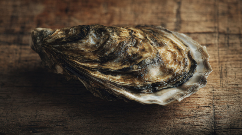 Close-Up of Oyster Shell on Wooden Surface