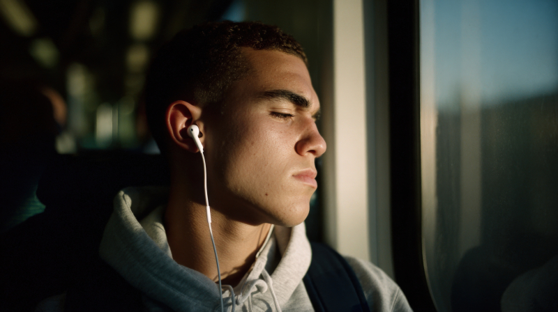 Student Relaxing with Music on Public Transport