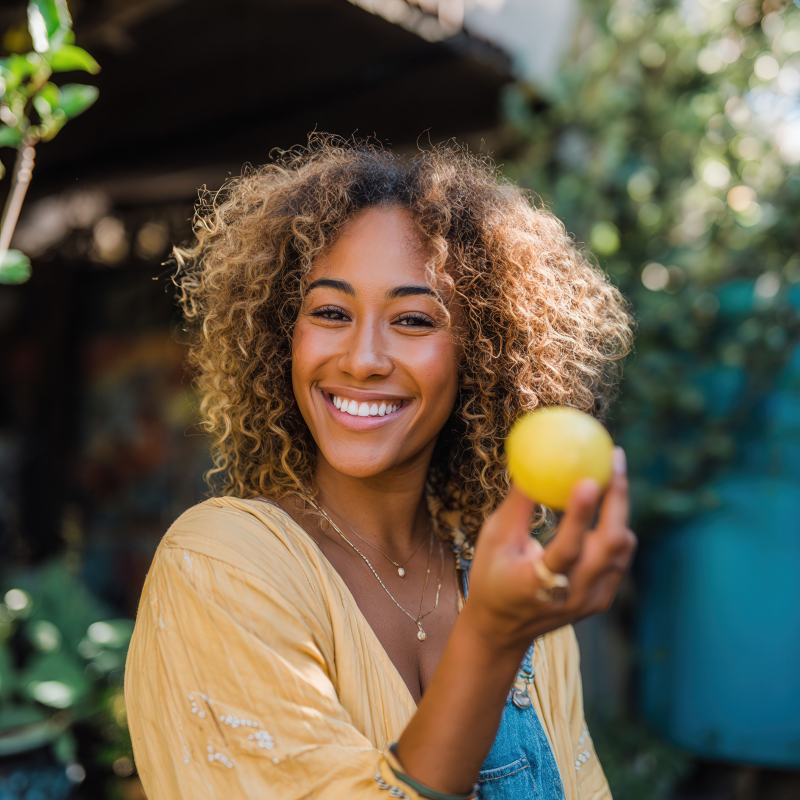 Smiling Woman Holding Lemon Outdoors