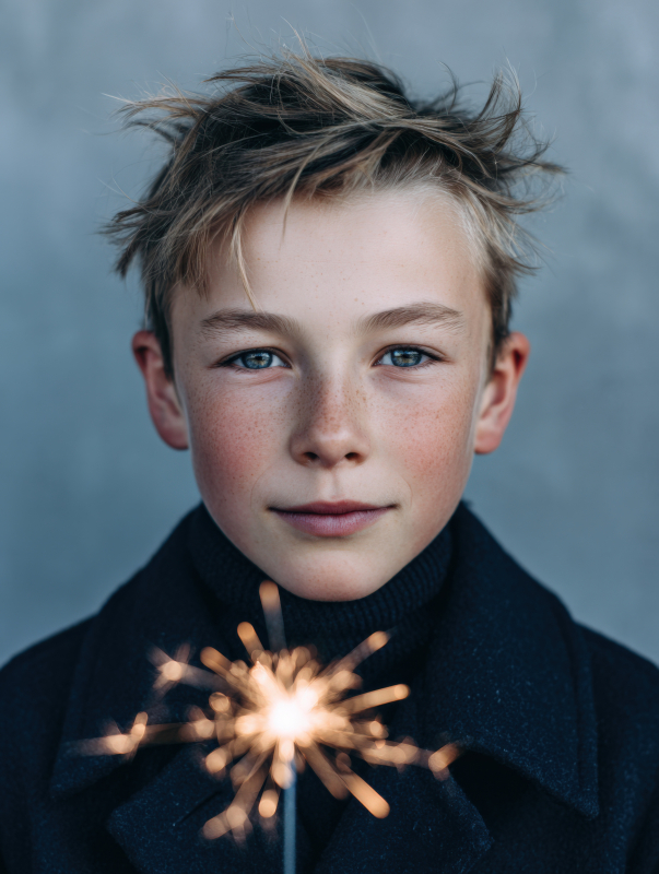 Boy Holding Sparkler with Intense Gaze