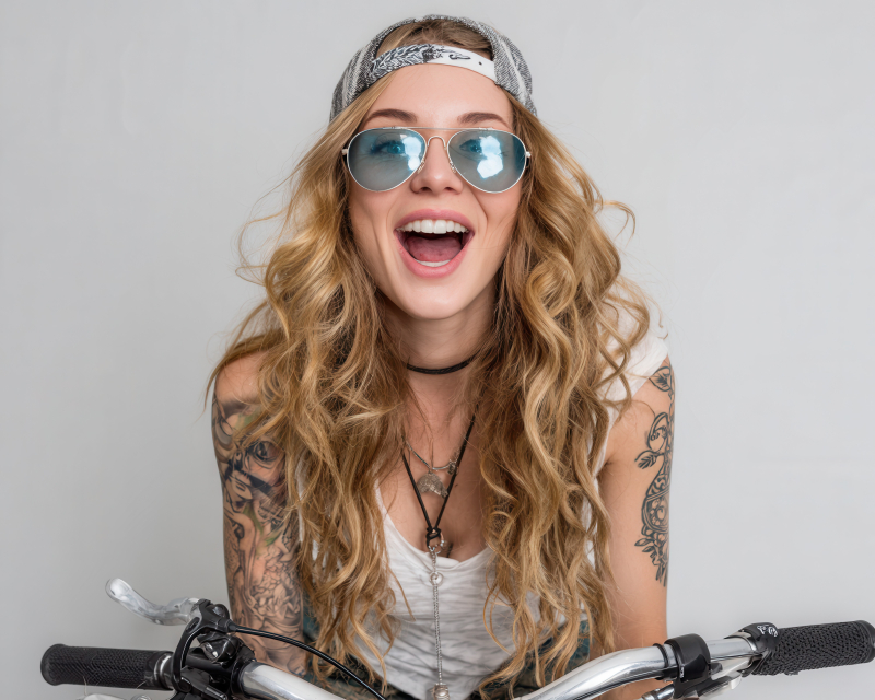 Joyful Woman with Sunglasses and Tattoos