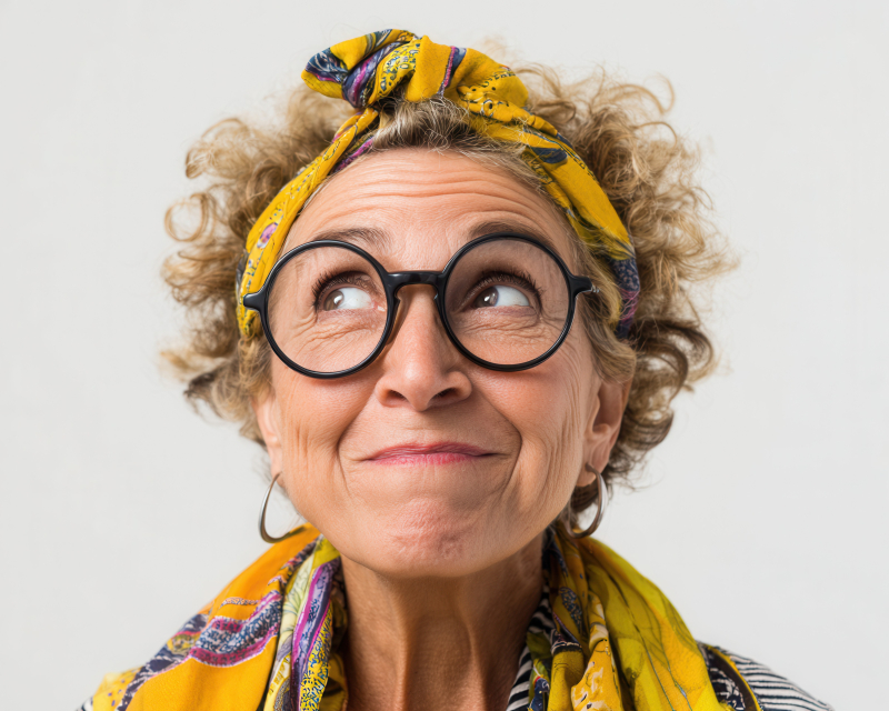 Smiling Woman with Curly Hair and Glasses