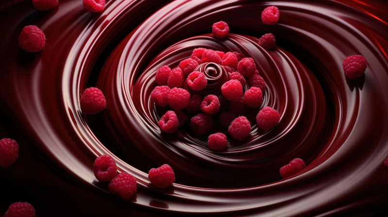 Raspberries on Swirling Chocolate Background
