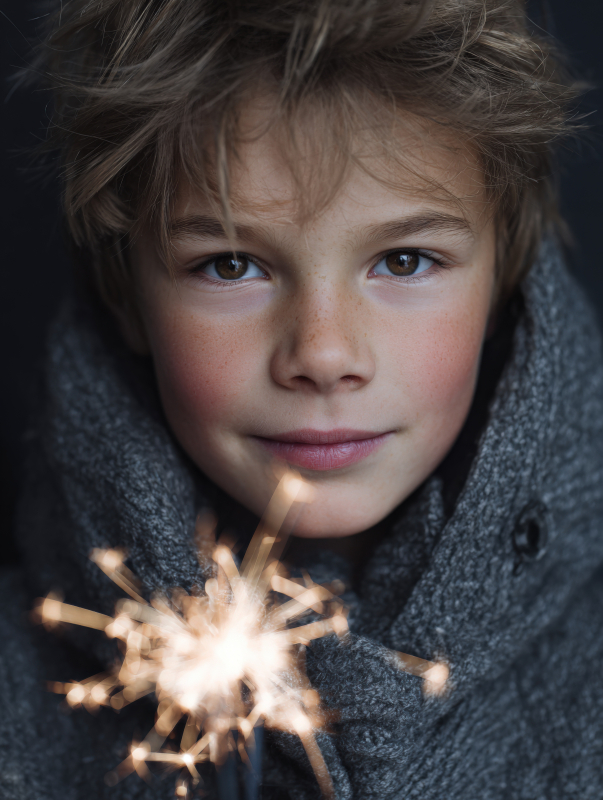 Child Holding Sparkler in Cozy Sweater