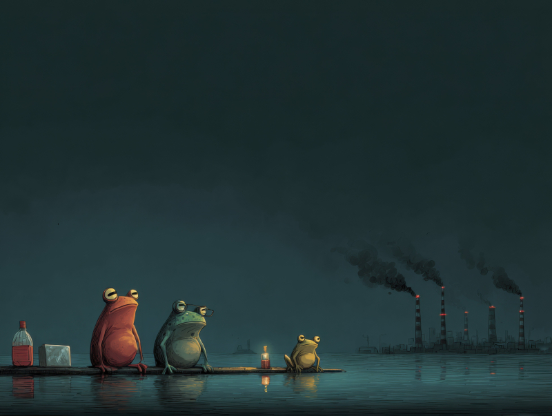 Frogs Observing Industrial Pollution Scene