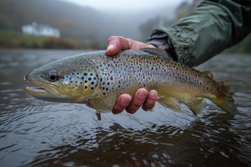 Angler Holding Brown Trout in River