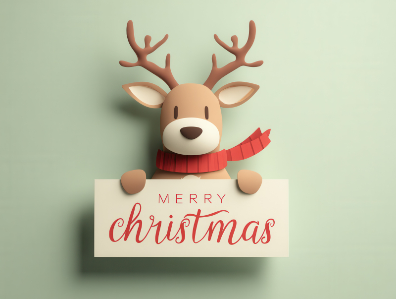 Cute Reindeer with Merry Christmas Sign