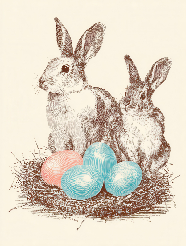 Easter Rabbits with Colored Eggs Illustration