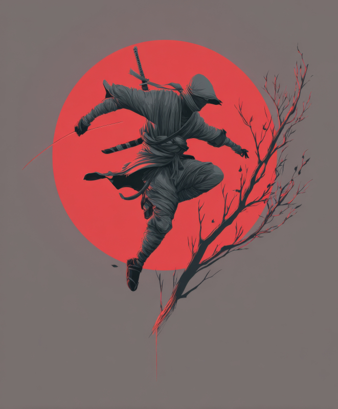 Dynamic Ninja Silhouette Against Red Sun