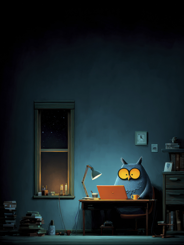 Cozy Nighttime Workplace with Owl