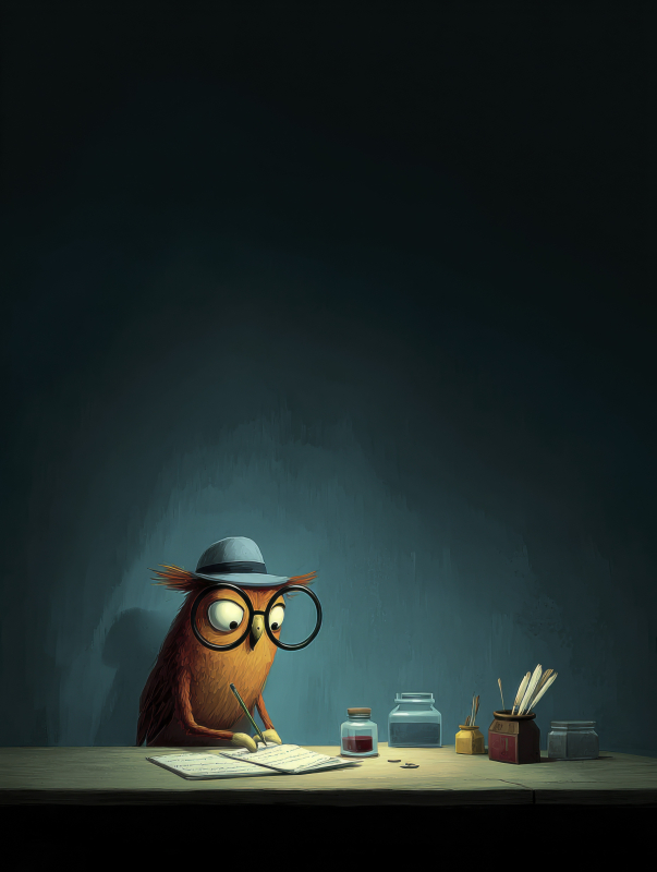 Owl in Office Setting with Magnifying Glass