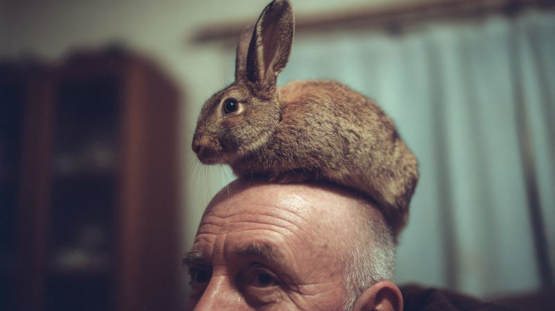 Rabbit Perched on Man's Head Indoors