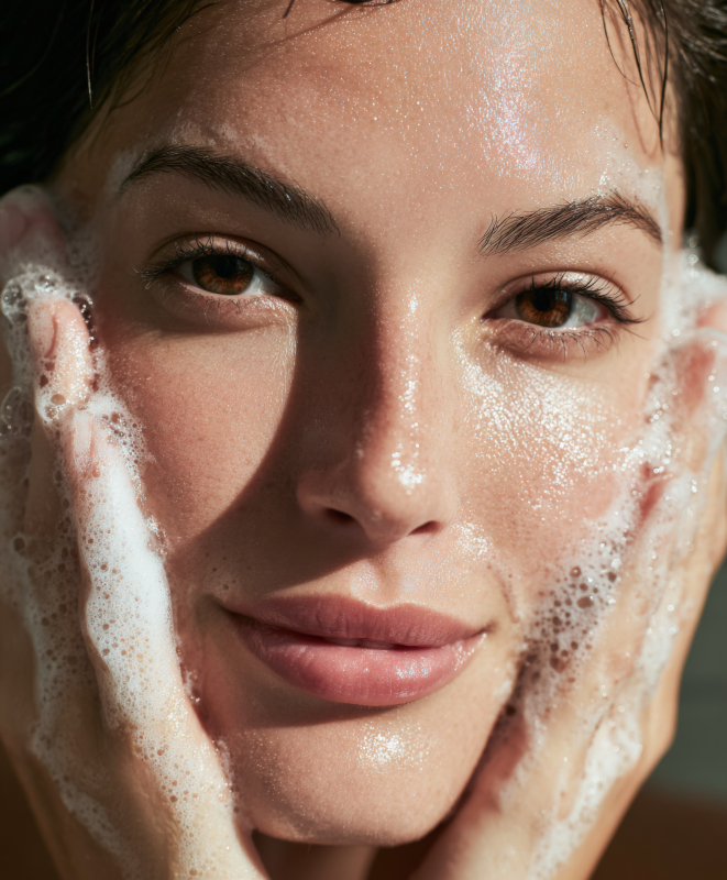 Close-up of Woman Washing Face with Foam