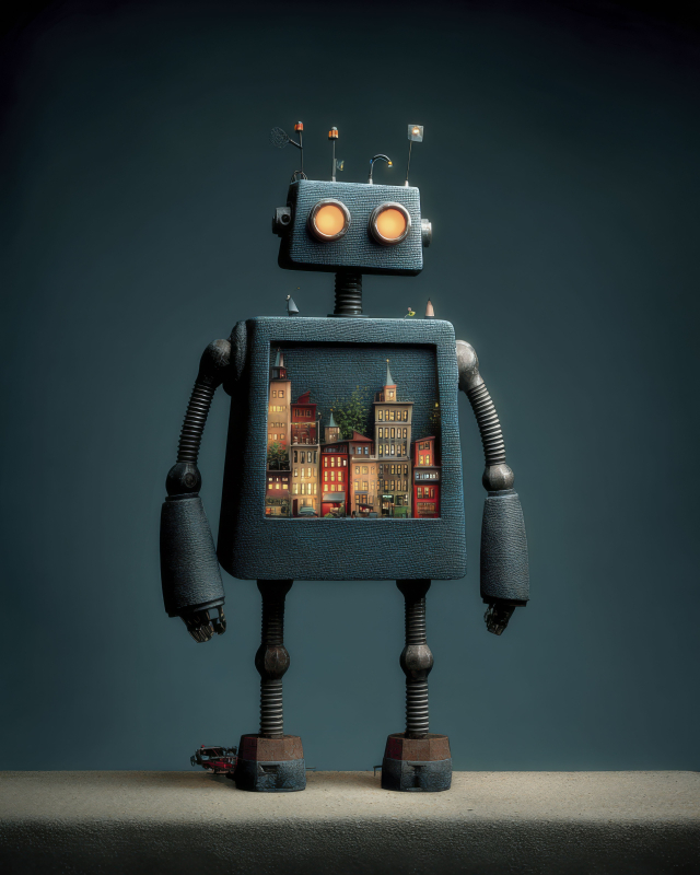AI Robot with Futuristic Cityscape Display