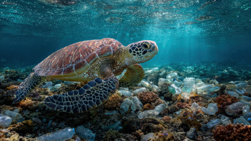Sea Turtle Navigating Polluted Ocean Waters