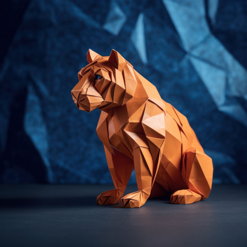 Origami Tiger Sculpture on Geometric Background