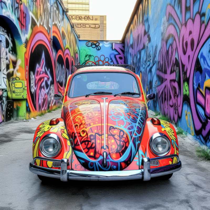 Vibrant Graffiti-Covered Vintage Cars in Alley