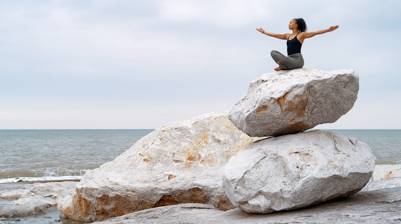 Woman Practicing Yoga on Coastal Rocks